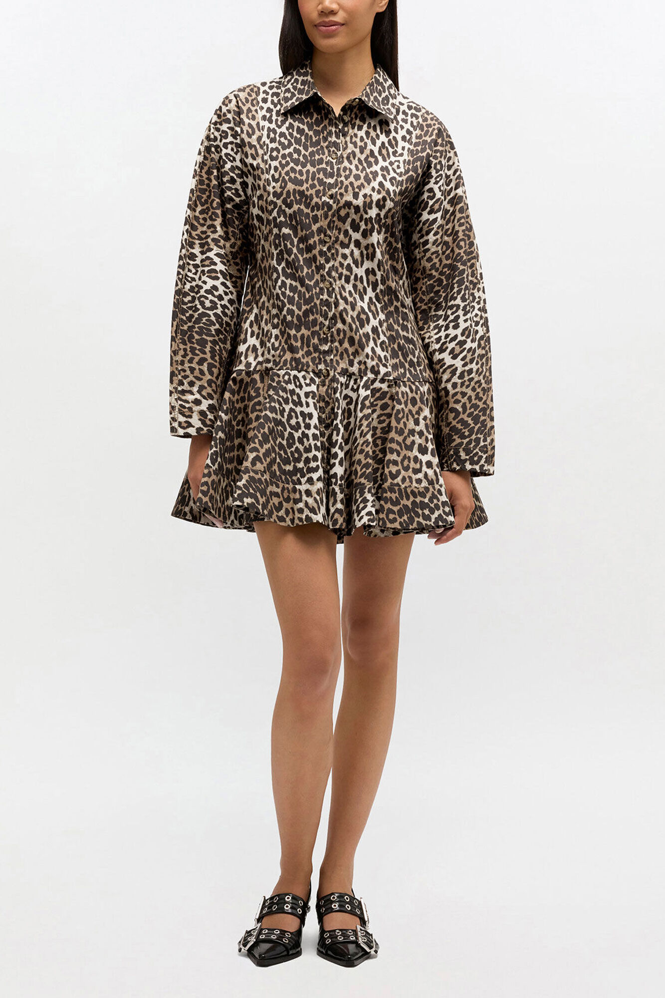 Leopard Shirt Dress, Organic Cotton, in colour Almond Milk - 1 - GANNI