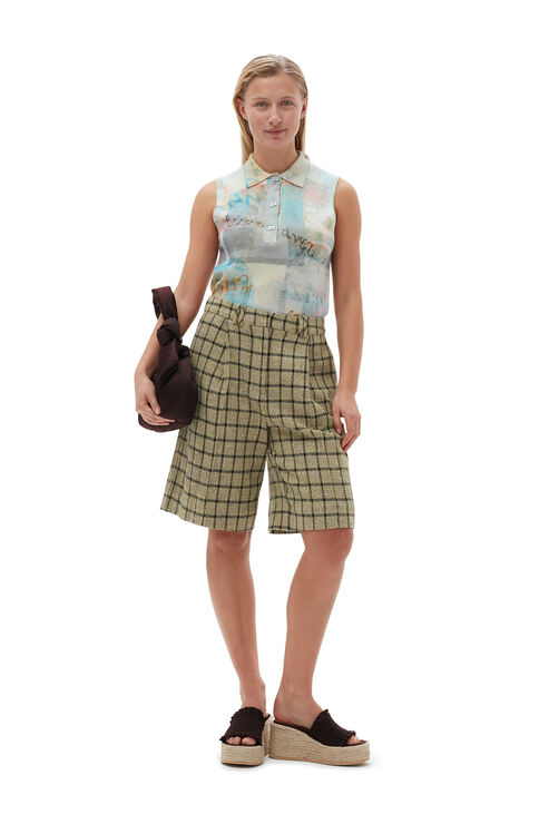 Ganni Check Suiting Relaxed Pleated Shorts In Tender Shoots