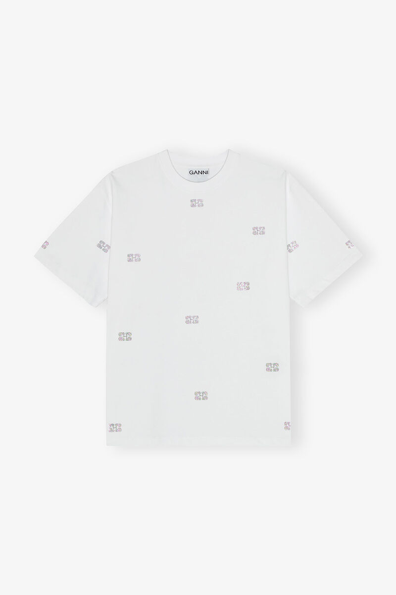 White Heavy Cotton Rhinestone T-shirt, Organic Cotton, in colour Bright White - 1 - GANNI