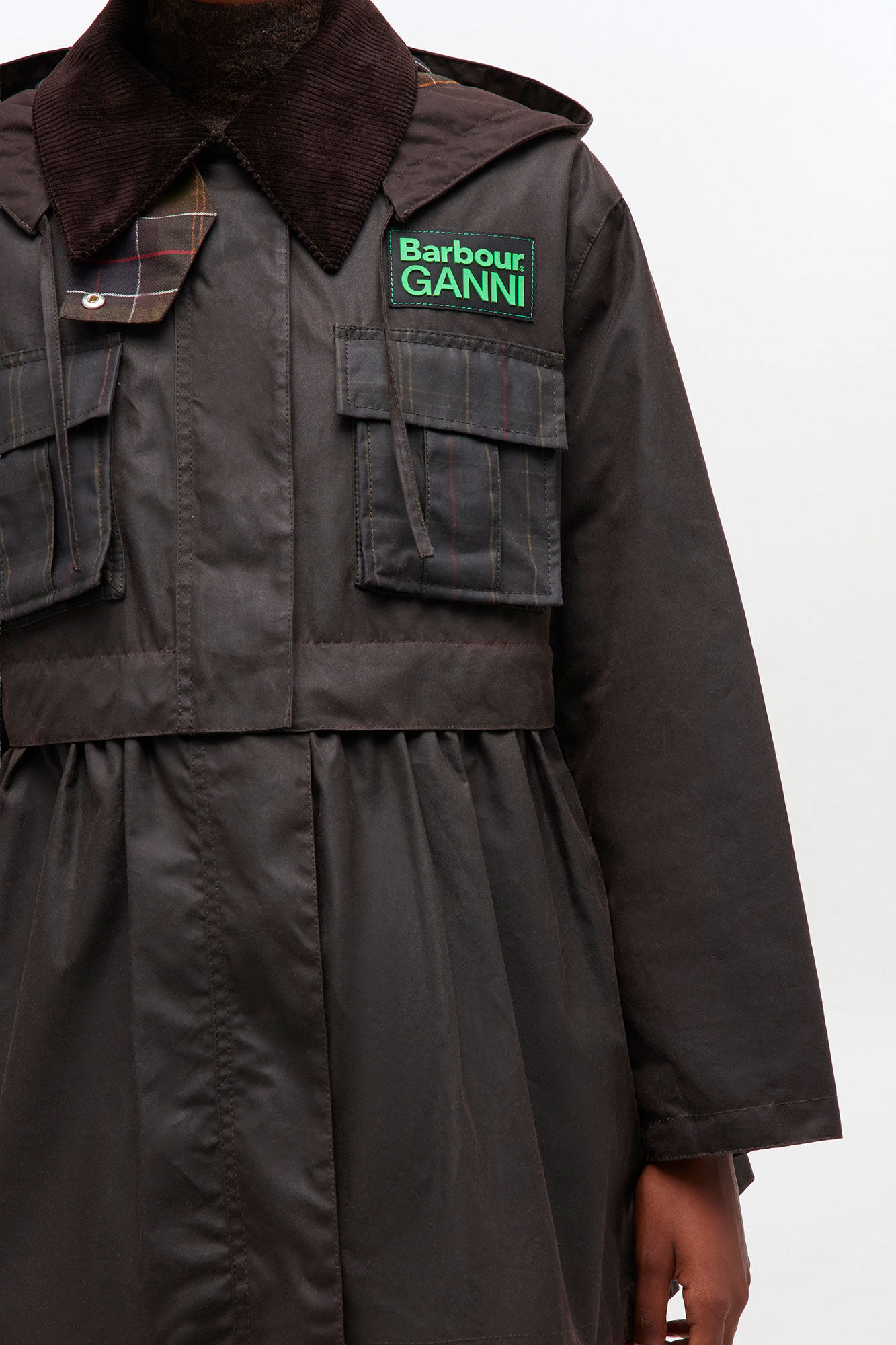 Peplum Wax Jacket in Green, Cotton, in colour Ganache - 3 - GANNI