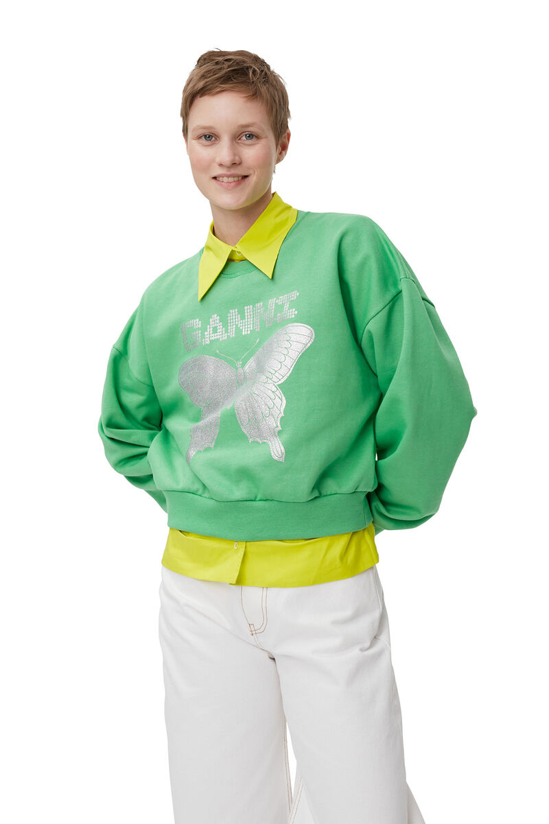 Green Butterfly Sweatshirt, Cotton, in colour Kelly Green - 3 - GANNI