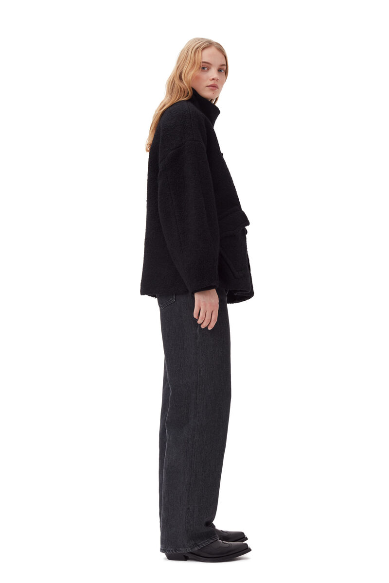Black Boucle Wool Shoulder Jacket, Polyester, in colour Black - 3 - GANNI
