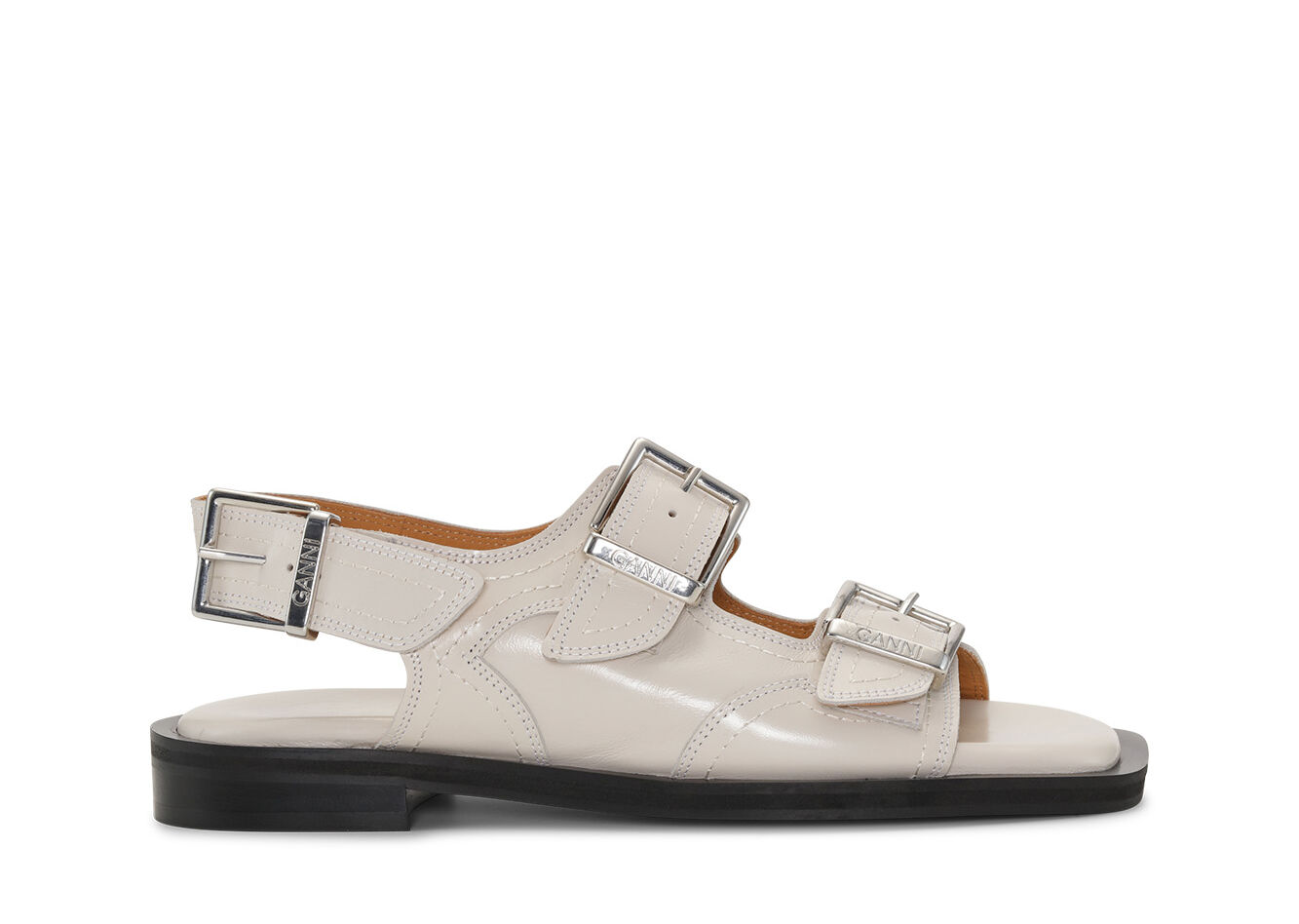 White Embroidered Western Sandals, Calf Leather, in colour Egret - 1 - GANNI