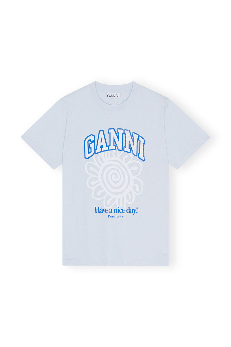 Relaxed Blue Flower T-shirt, Cotton, in colour Ice Water - 1 - GANNI