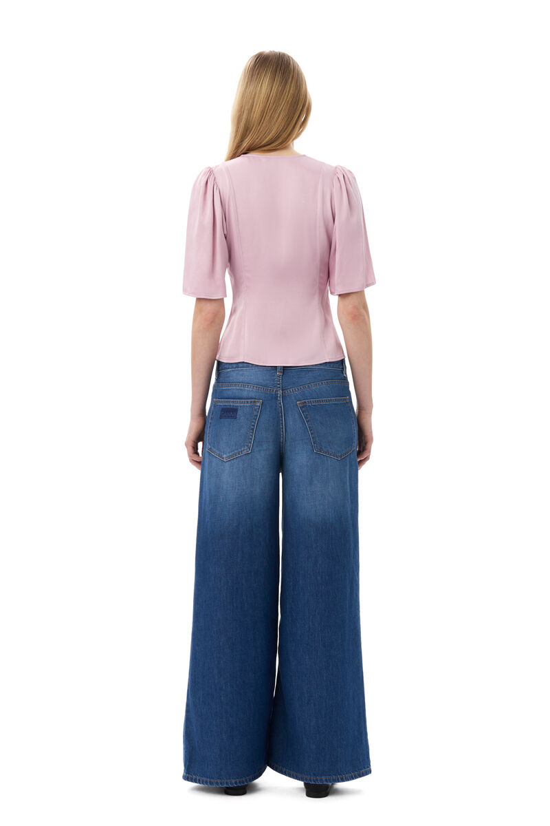 Pink Washed Satin Wrap Blouse, Cupro, in colour Bleached Mauve - 4 - GANNI