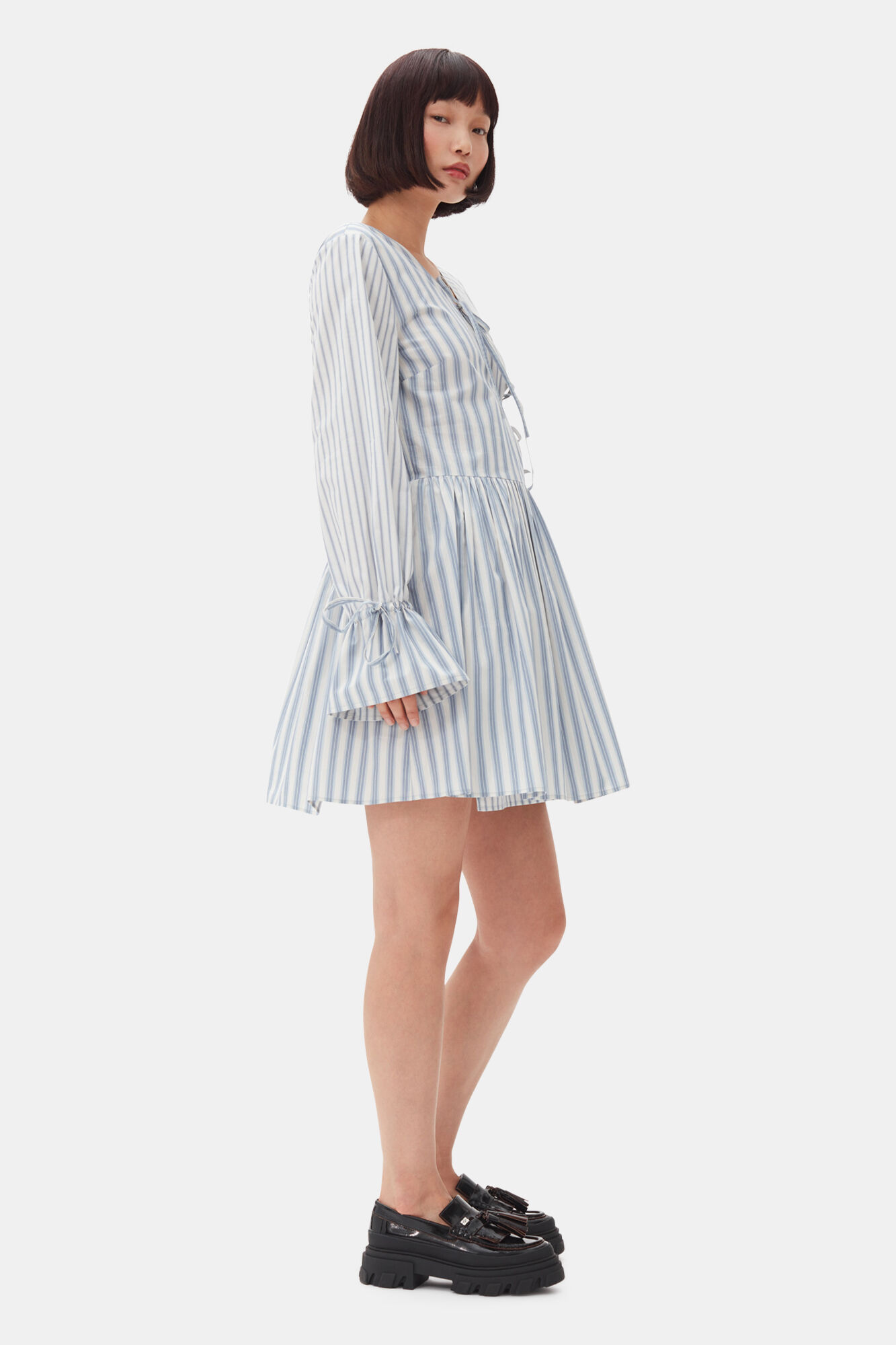 Blue Stripe Cotton Mini Wrap Dress, Cotton, in colour Egret - 4 - GANNI