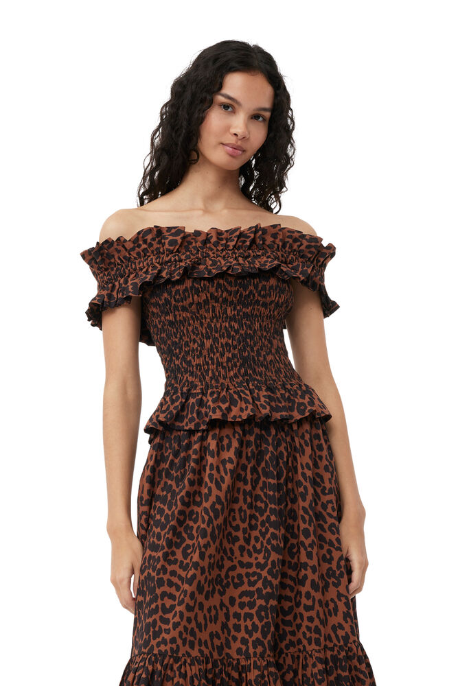 Exclusive Printed Cotton Off-Shoulder Smock Top, Toffee