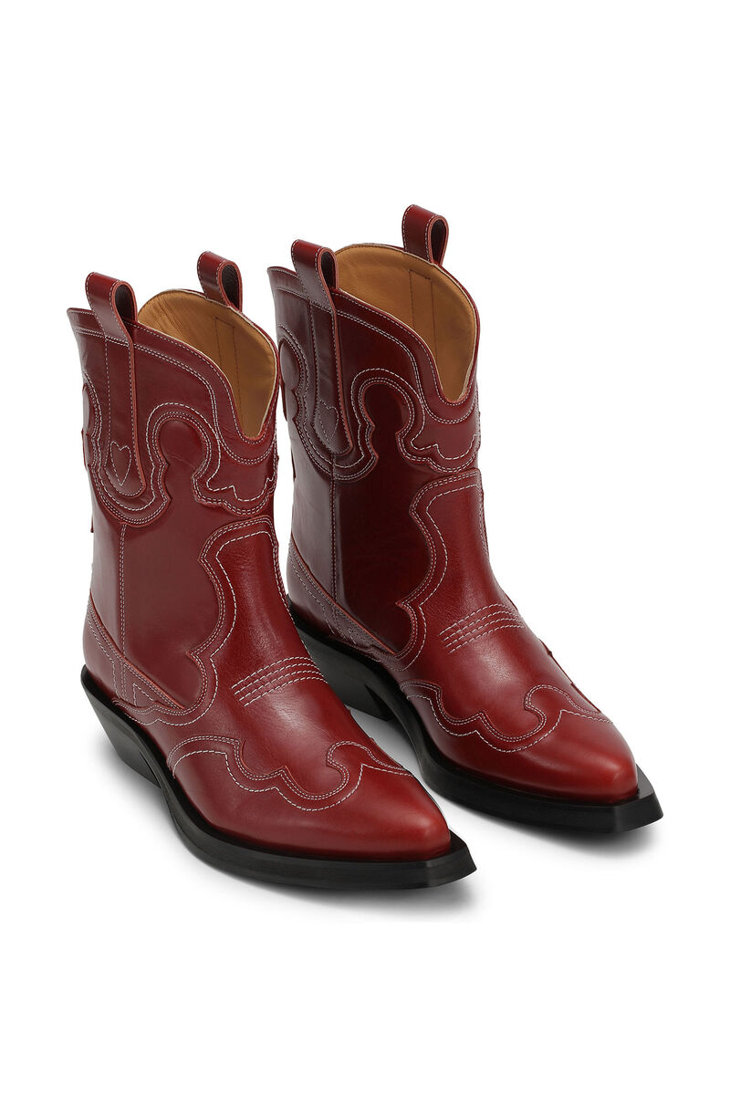 Red Low Shaft Embroidered Western Boots, Calf Leather, in colour Barbados Cherry - 3 - GANNI