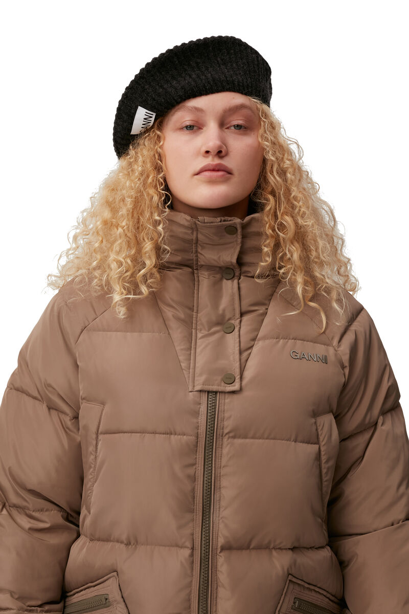 Oversized Tech Puffer Coat, Recycled Polyester, in colour Fossil - 3 - GANNI