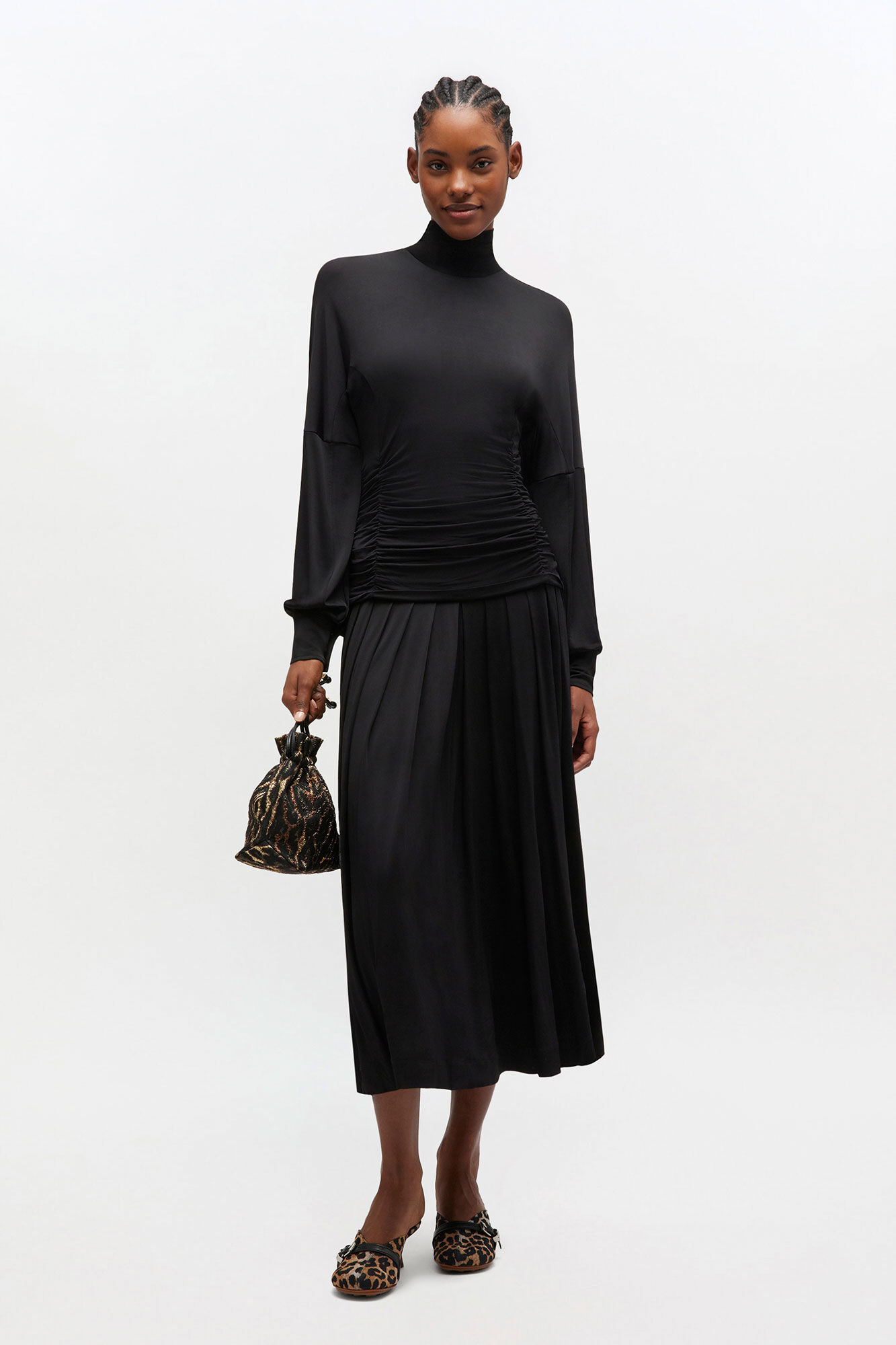 Long Dress in Black Ruched, Viscose, in colour Black - 1 - GANNI
