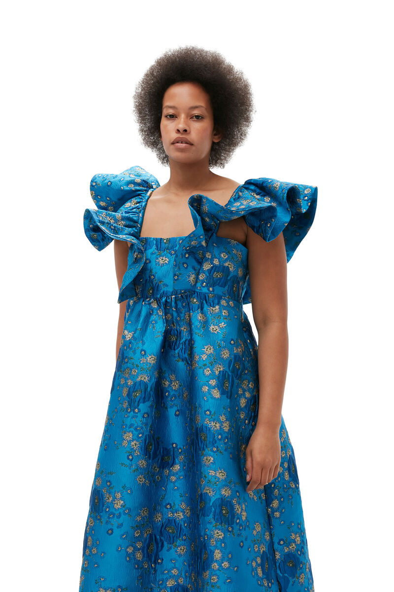 3D Jacquard Ruffle Midi Dress, Elastane, in colour Brilliant Blue - 7 - GANNI