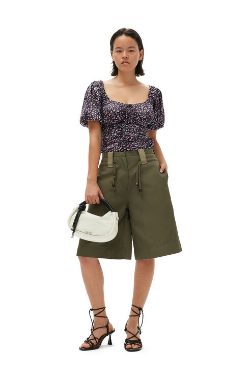 Ganni Ruched Silk-stretch Blouse In Kalamata