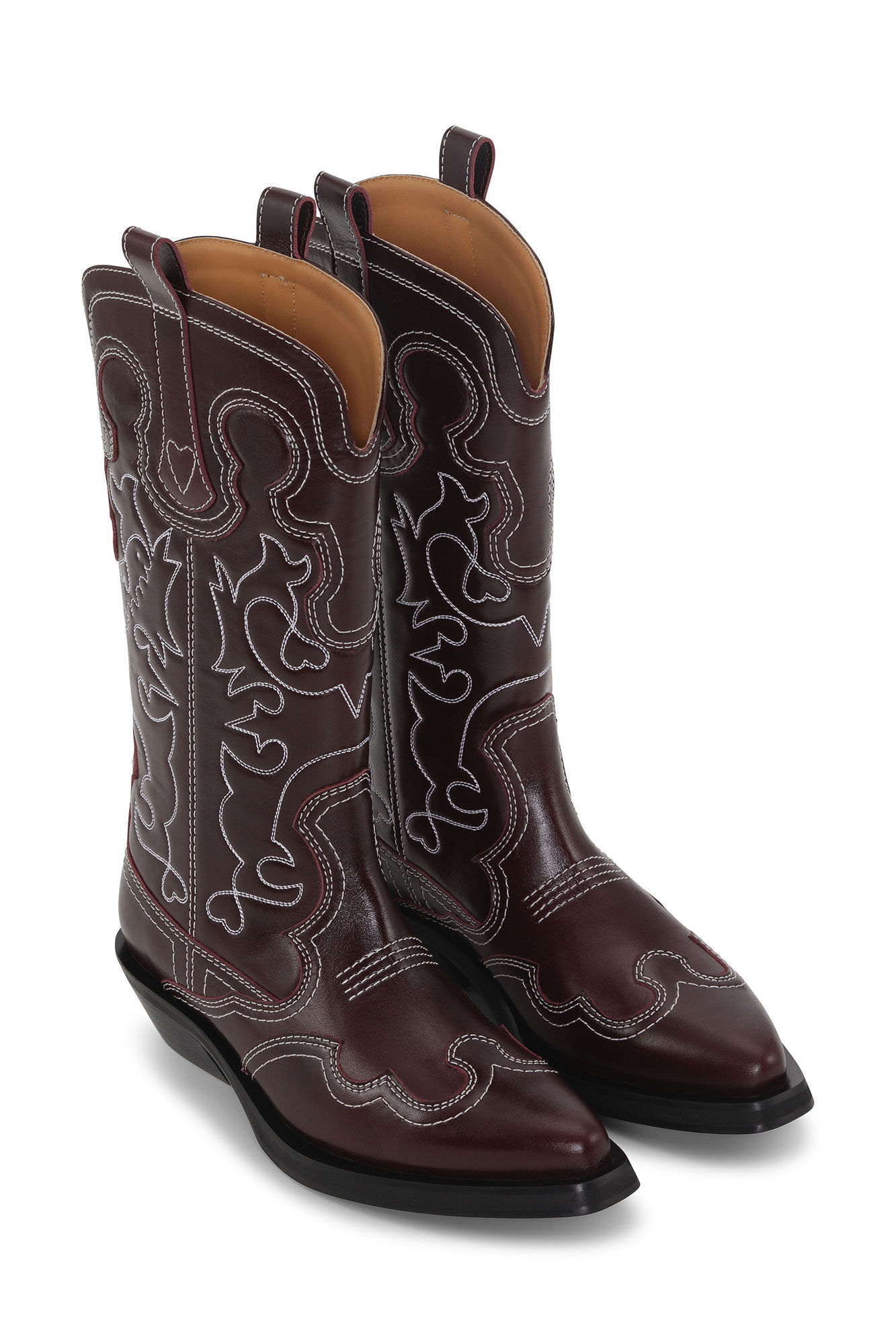 Burgundy Mid Shaft Embroidered Western Boots, Calf Leather, in colour Burgundy - 3 - GANNI