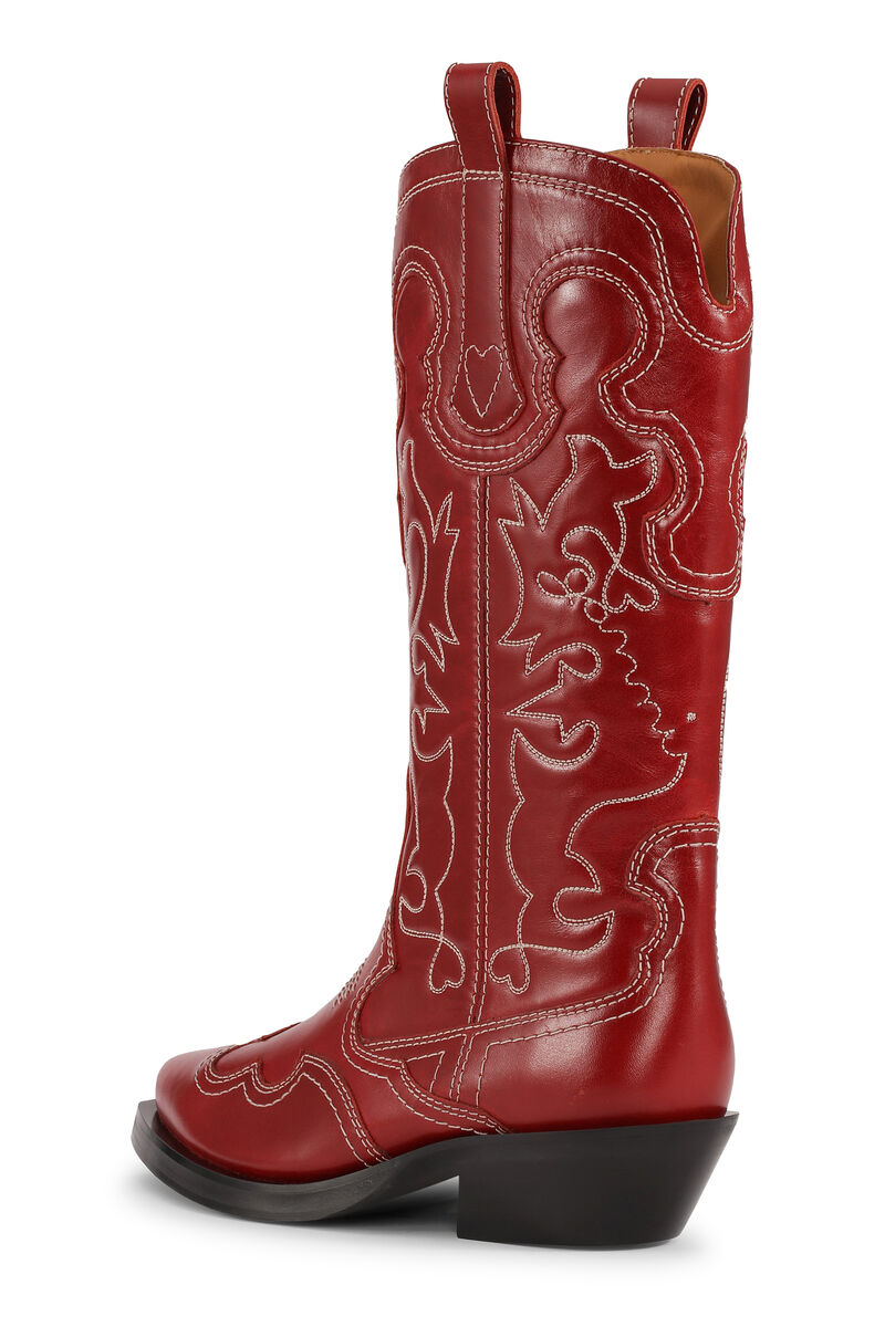Mid Shaft Embroidered Western Boots, Calf Leather, in colour Barbados Cherry - 2 - GANNI