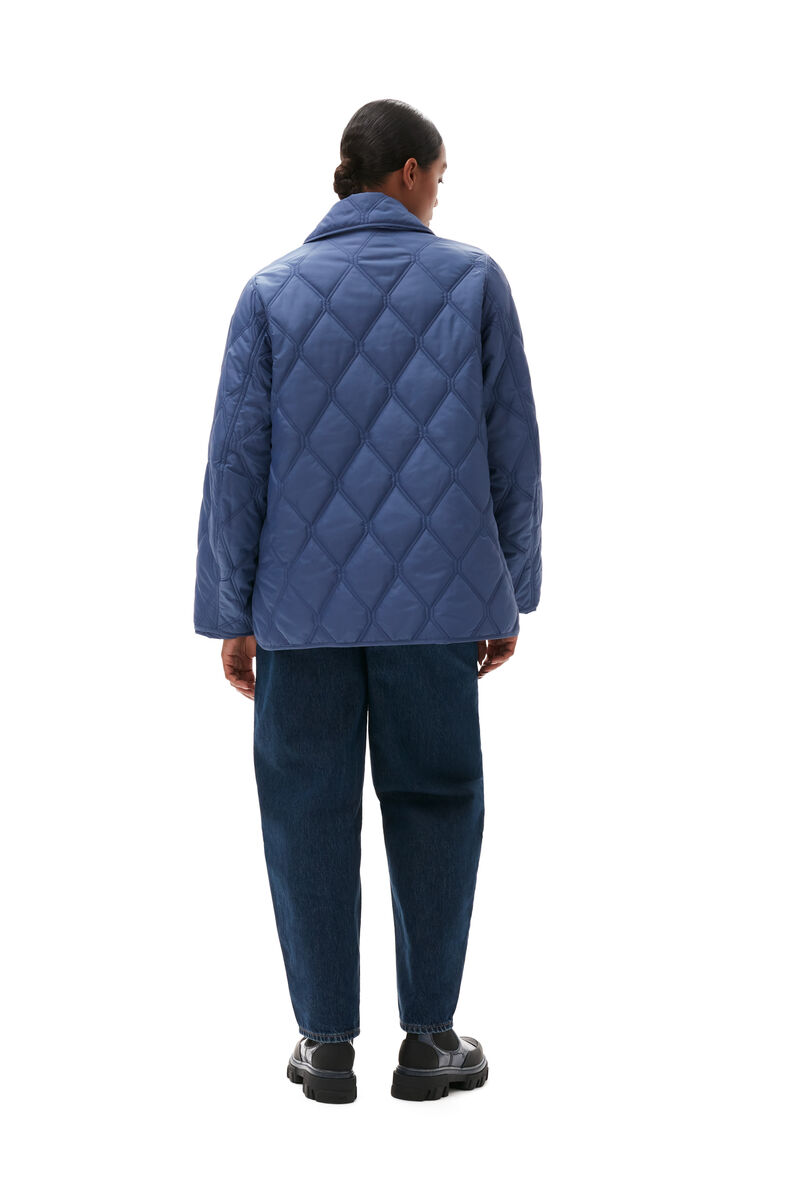 Gray Blue Ripstop Quilt Asymmetric Jacket, Recycled Polyester, in colour Gray Blue - 2 - GANNI
