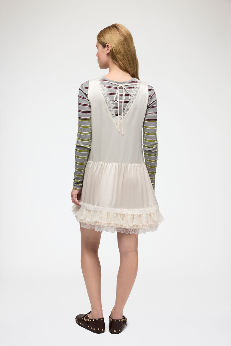 Dress in Lace Satin, Acetate, in colour Egret - 2 - GANNI