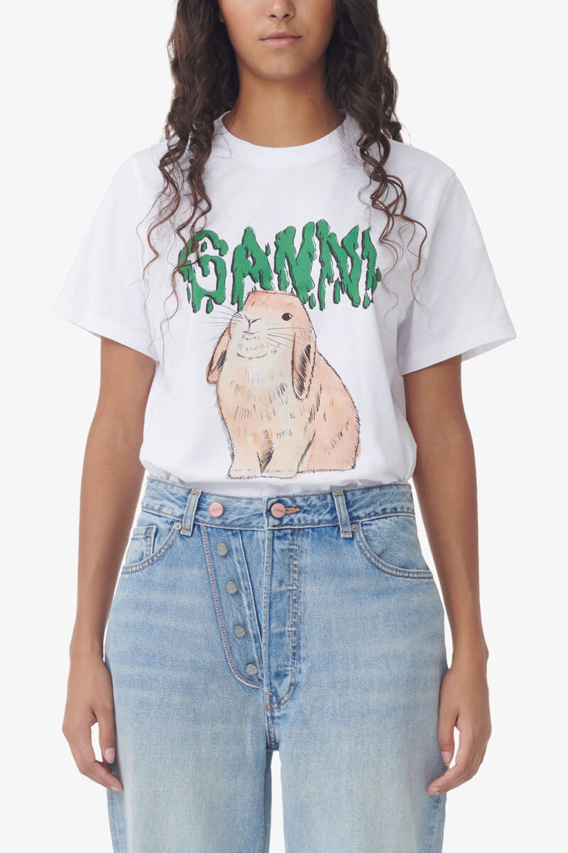 White Graphic Bunny Jersey T-shirt, Cotton, in colour Bright White - 1 - GANNI