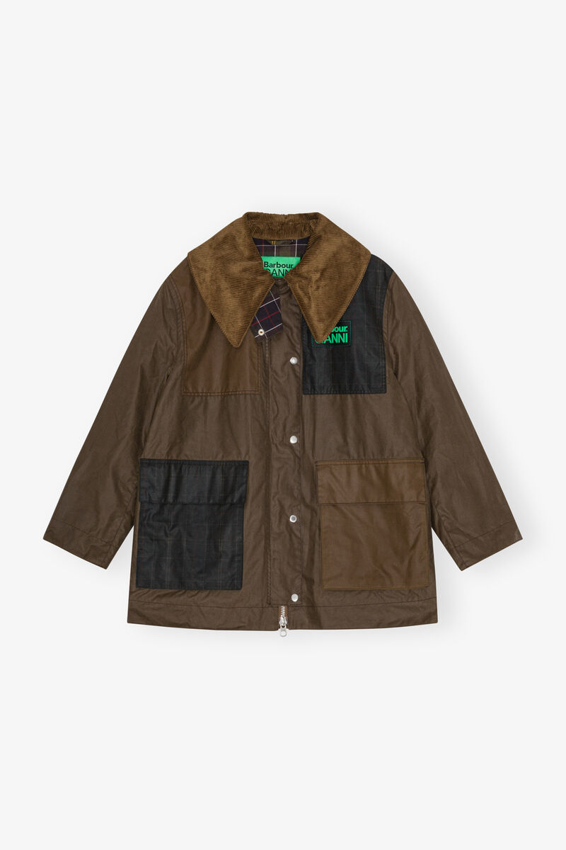 GANNI x Barbour Waxed-duffelcoat, Cotton, in colour Teak - 1 - GANNI