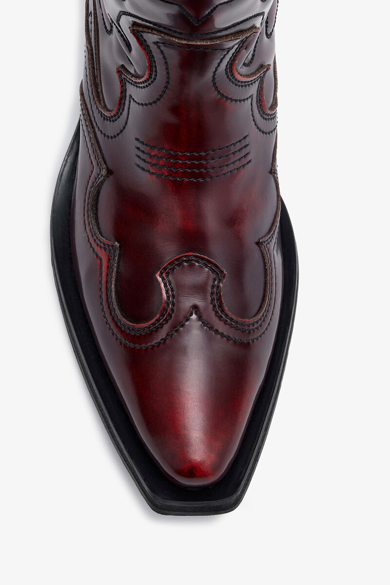 Mid Shaft Embroidered Western Boots in Burgundy, Recycled Leather, in colour Black/Dark Burgundy - 3 - GANNI