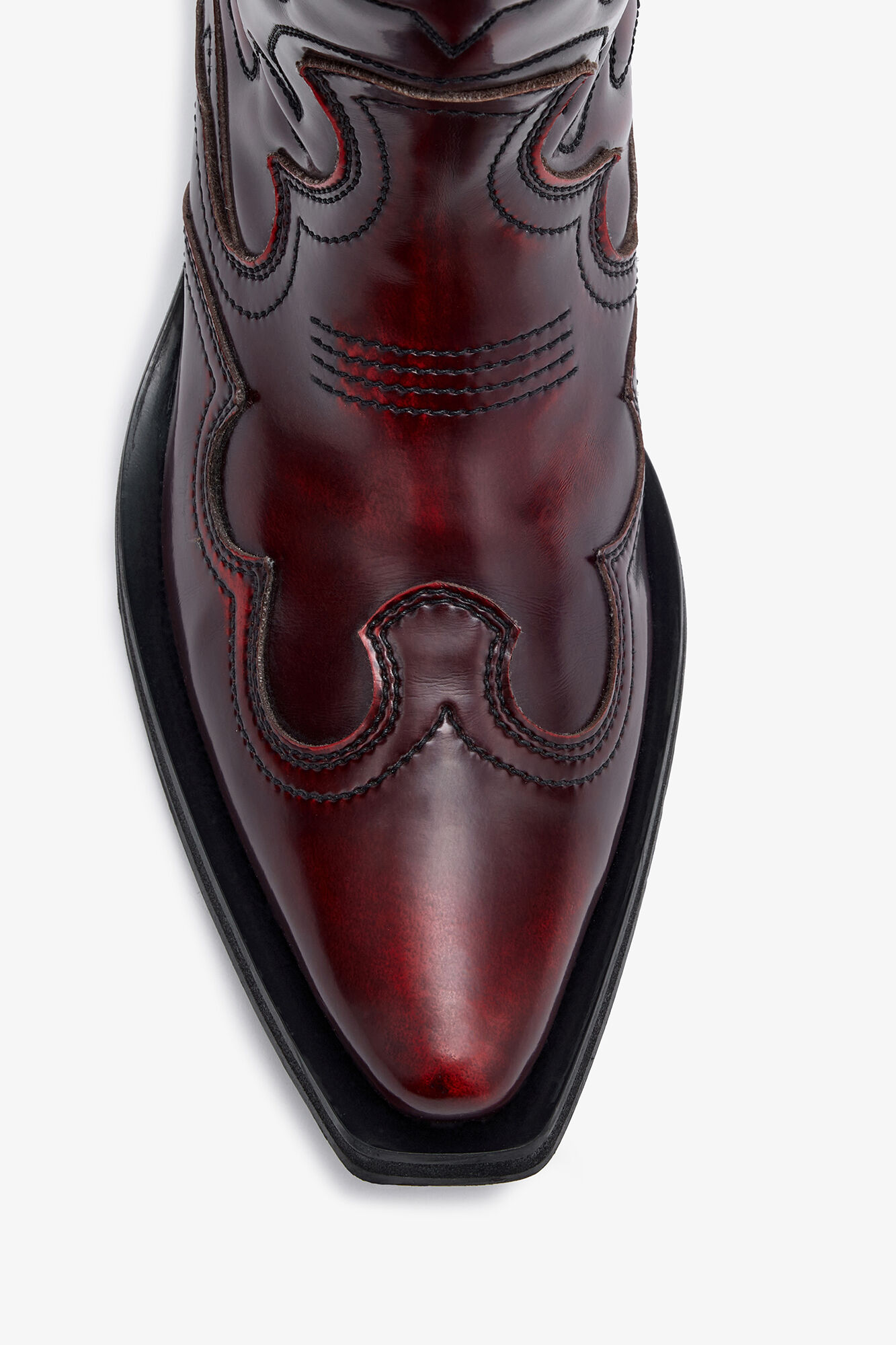 Mid Shaft Embroidered Western Boots in Burgundy, Recycled Leather, in colour Black/Dark Burgundy - 3 - GANNI