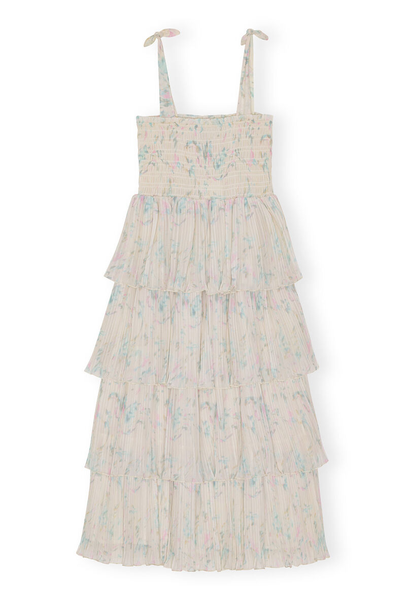 Floral Printed Pleated Georgette Strap Smock Midi Dress, Recycled Polyester, in colour Tofu - 1 - GANNI