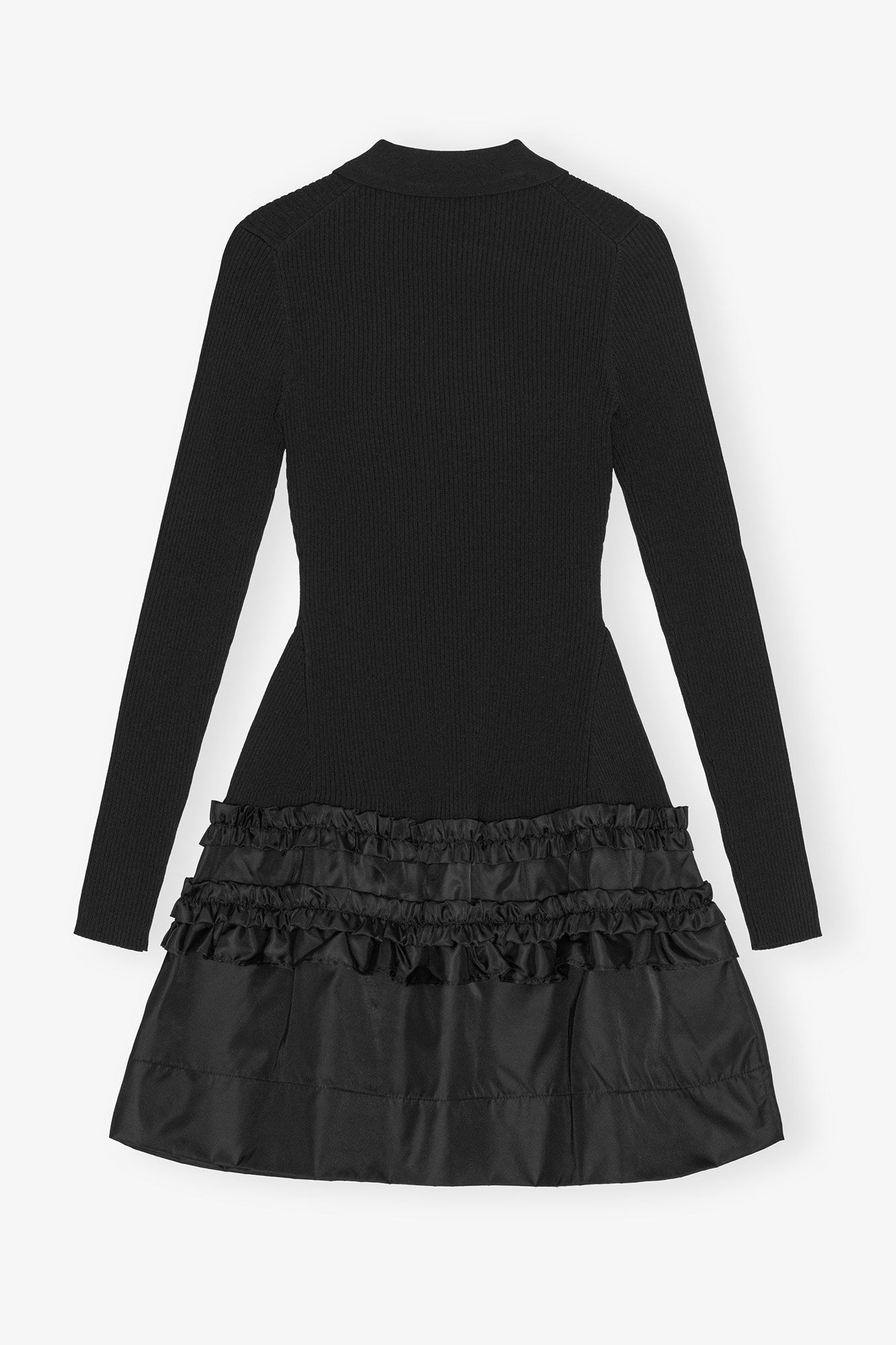Rib Knit Ruffle Mini Dress, Viscose, in colour Black - 2 - GANNI