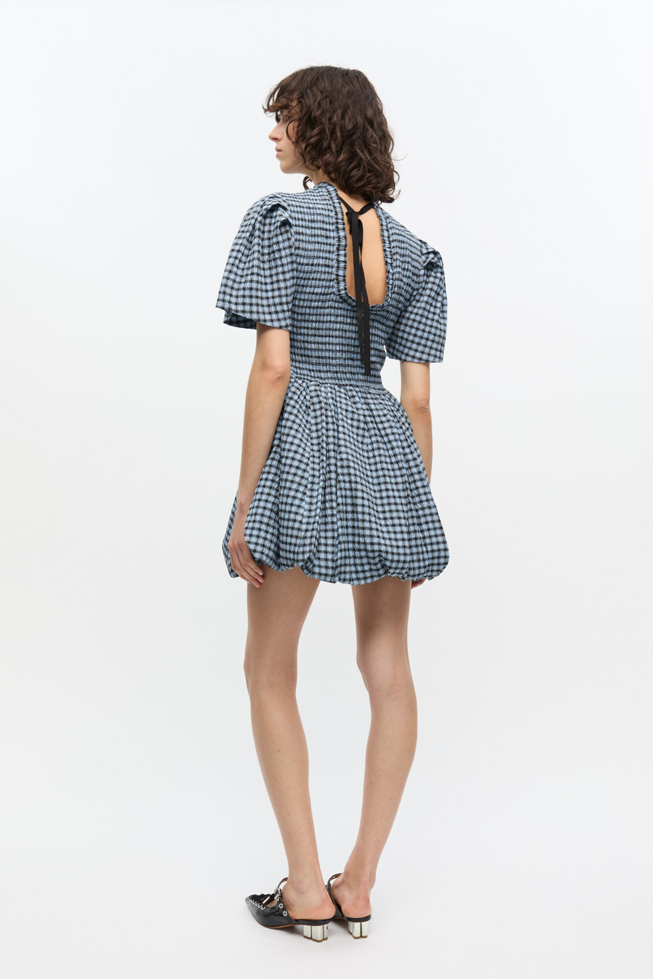 Blue Seersucker Check Mini Smock Dress, Elastane, in colour Soft Chambray - 2 - GANNI