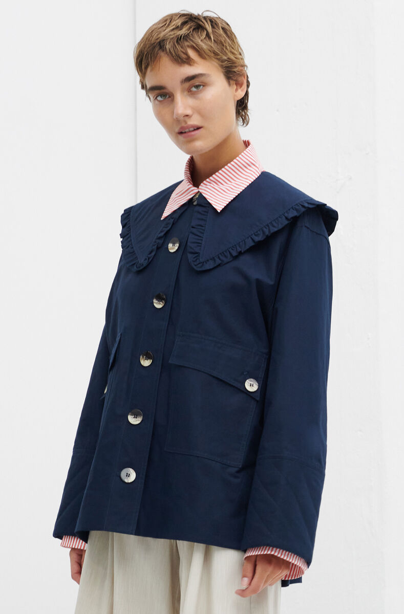 Cotton Canvas Jacket, Linen, in colour Sky Captain - 1 - GANNI