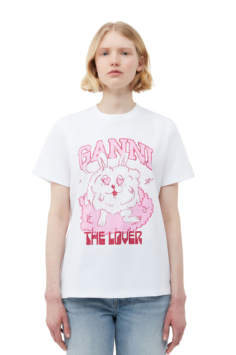 Relaxed Love Bunny T-shirt, Cotton, in colour Bright White - 1 - GANNI