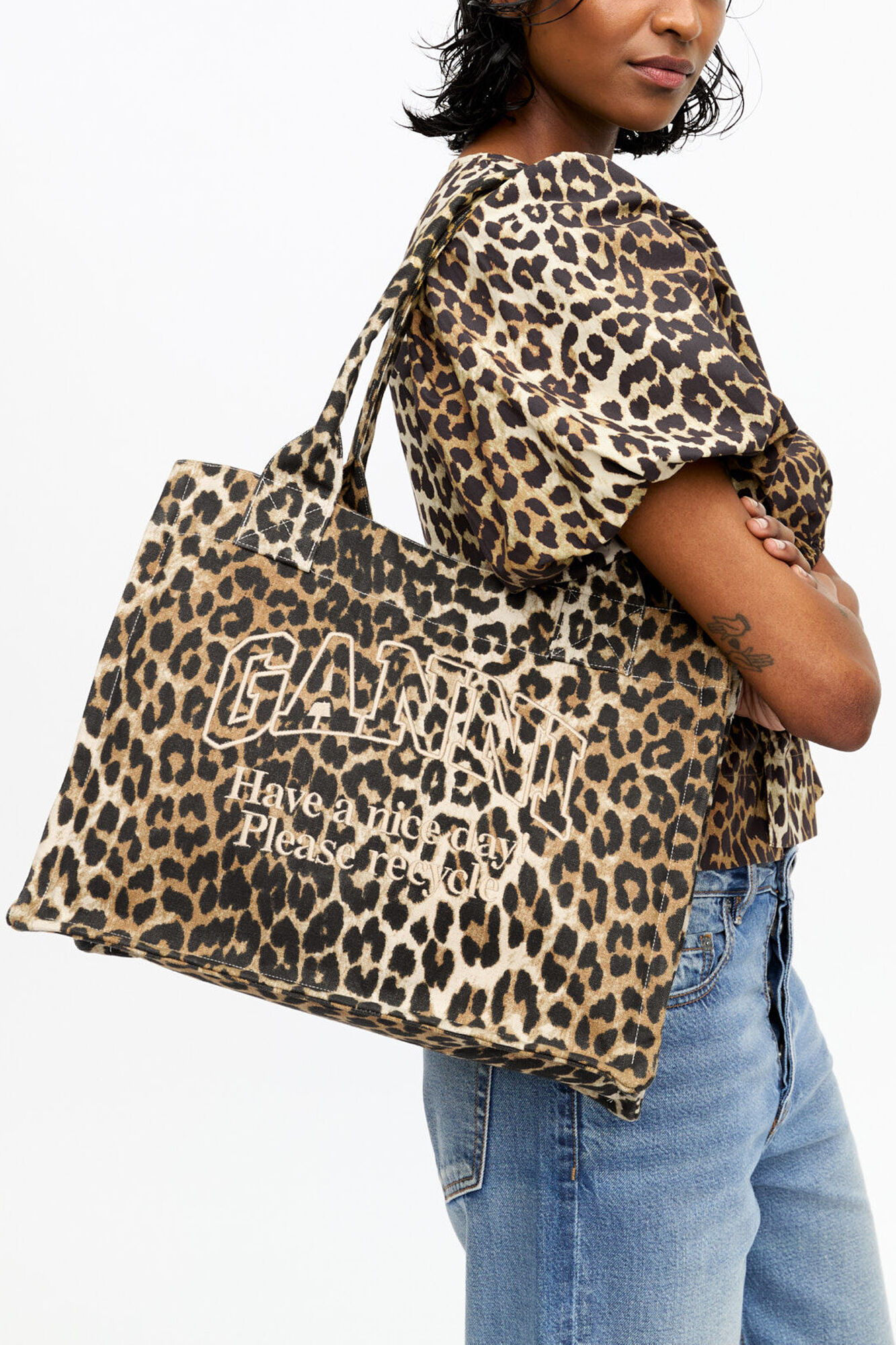 Leopard Large Canvas Tote Bag, Recycled Cotton, in colour Leopard - 2 - GANNI