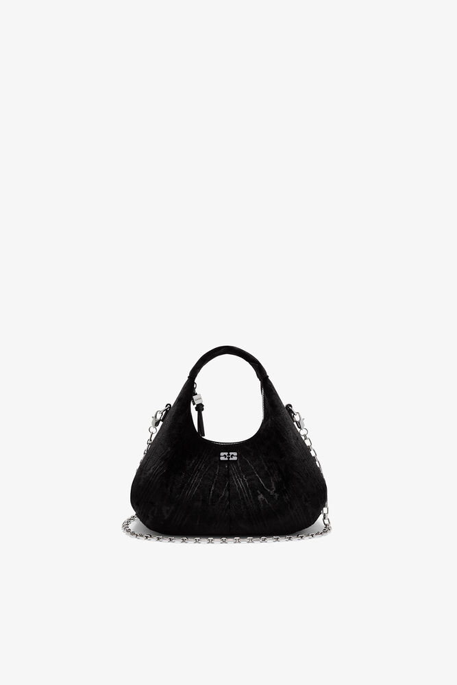 Velvet Moire Mini Hobo Bag, Black