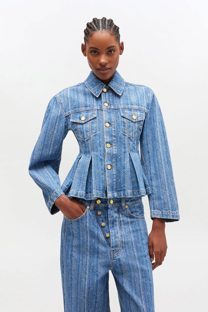 Randig plisserad denimjacka, Mid Blue Stone