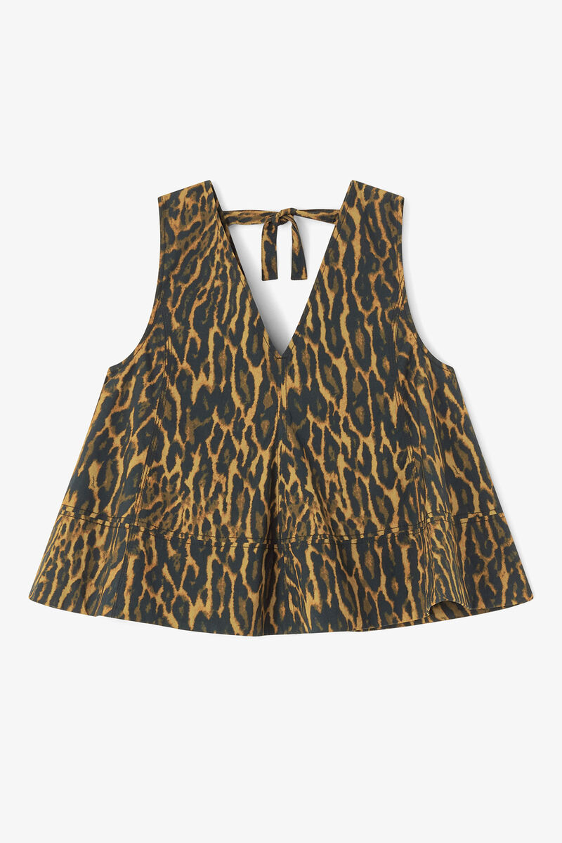 Leopard Cotton A-line Top, in colour Khaki - 1 - GANNI