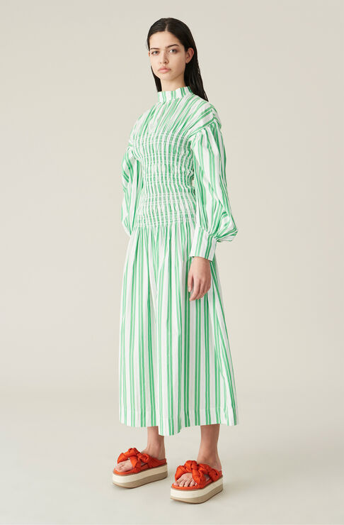 Ganni Shirred Striped Organic Cotton-poplin Midi Dress In Green | ModeSens