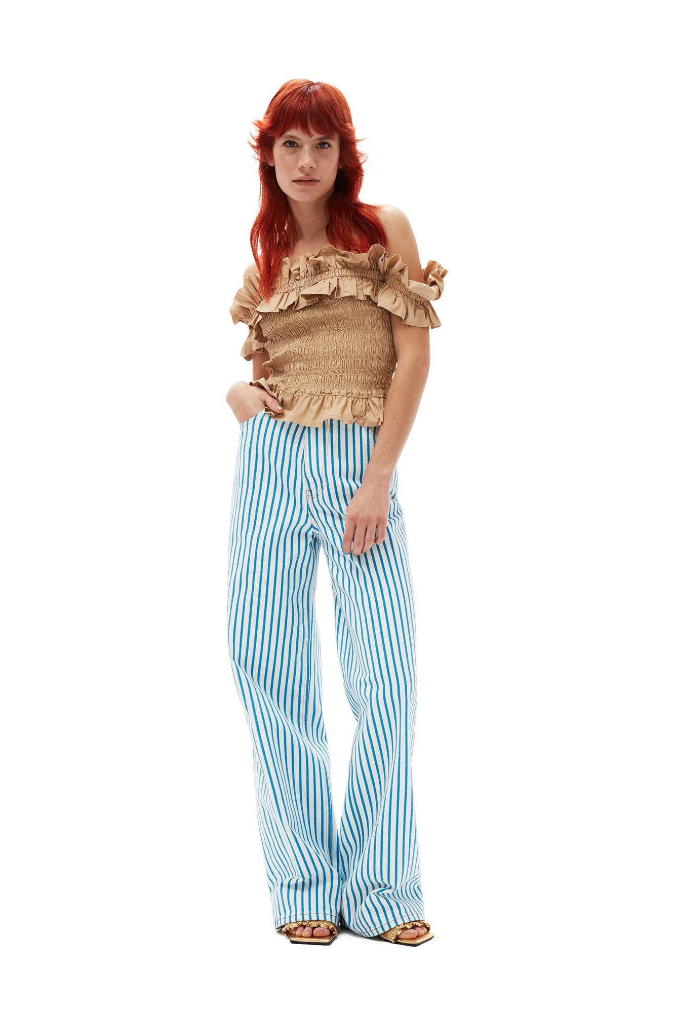 Striped Magny Jeans, Cotton, in colour Bright White - 1 - GANNI