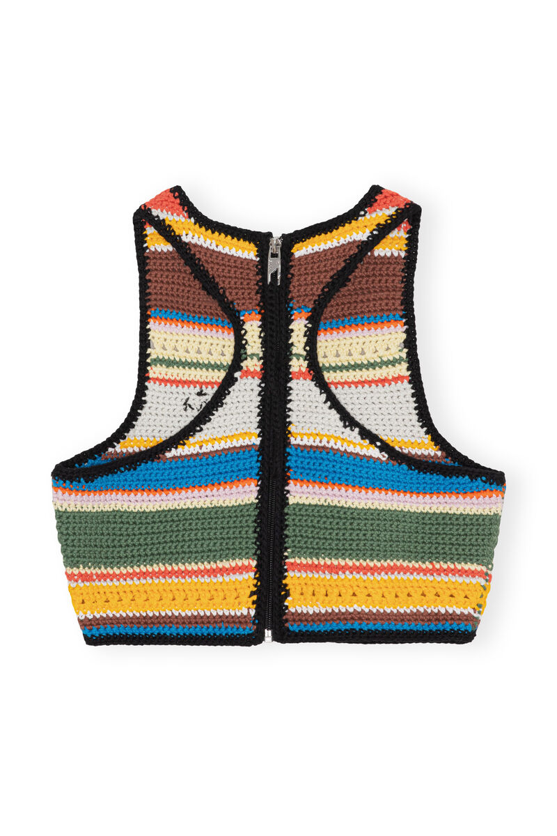 Crochet High-Neck Bikini Top, Cotton, in colour Beach Stripe Multi - 2 - GANNI