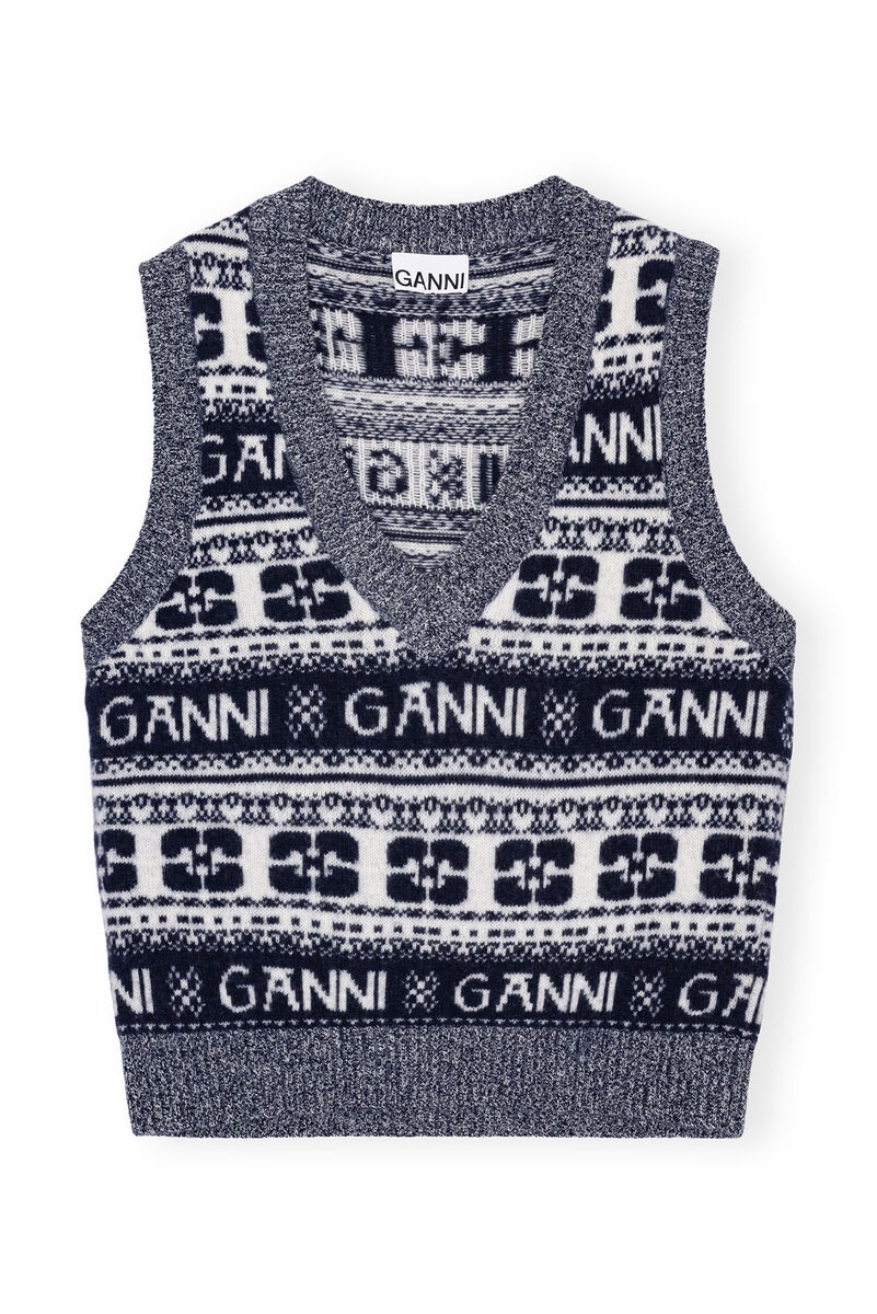 Blue Logo Wool Mix Vest, Recycled Polyamide, in colour Sky Captain - 1 - GANNI