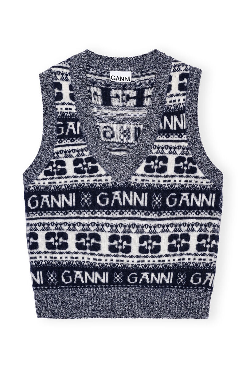 Blue Logo Wool Mix-vest, Recycled Polyamide, in colour Sky Captain - 1 - GANNI