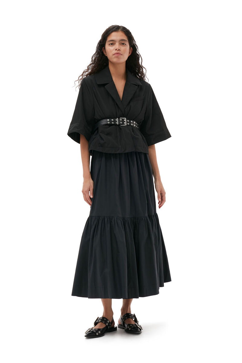 Cotton Poplin Maxi Flounce Skirt, Cotton, in colour Black - 4 - GANNI