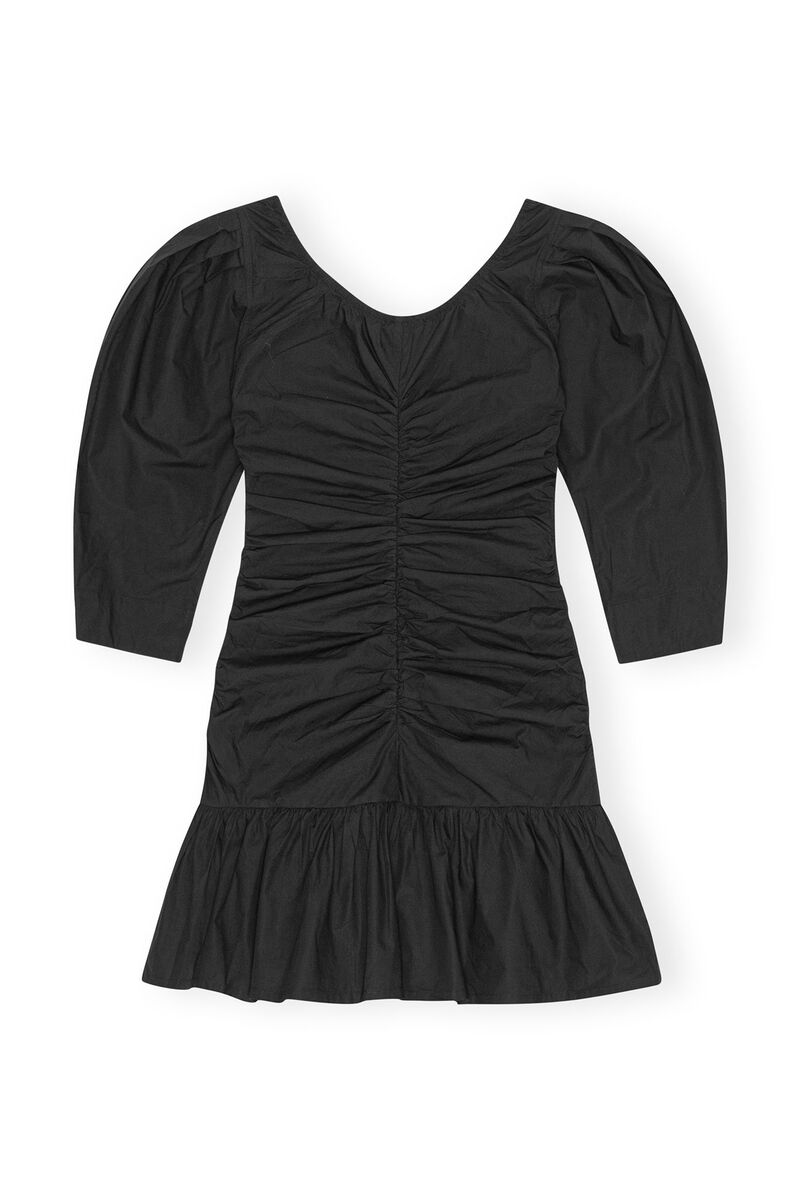 Black Cotton Poplin Gathered U-neck Mini Dress, Cotton, in colour Black - 2 - GANNI