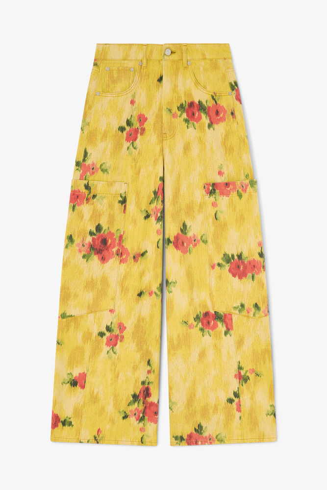 Baggy cargo jeans i printet denim, Vibrant Yellow