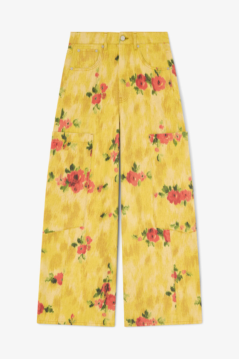 Baggy Cargo Jeans in Printed Denim, Organic Cotton, in colour Vibrant Yellow - 1 - GANNI