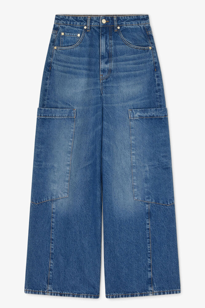 Baggy Wide Jeans in Rigid Denim, Mid Blue Stone