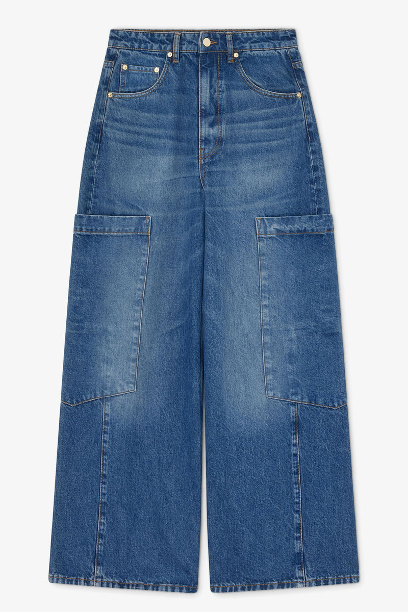 Baggy Wide Jeans in Rigid Denim, Organic Cotton, in colour Mid Blue Stone - 1 - GANNI
