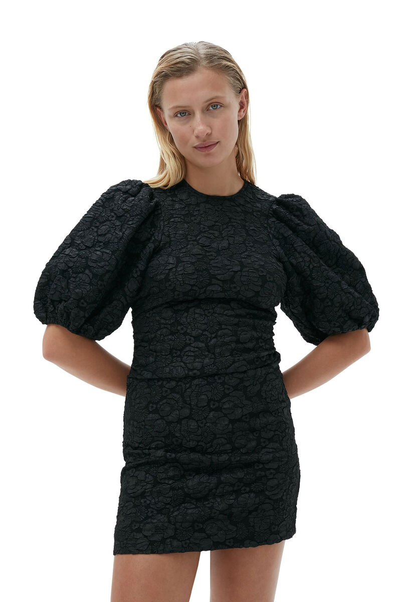 Stretch Jacquard Puff Sleeves Minikjole, Polyester, in colour Black - 3 - GANNI