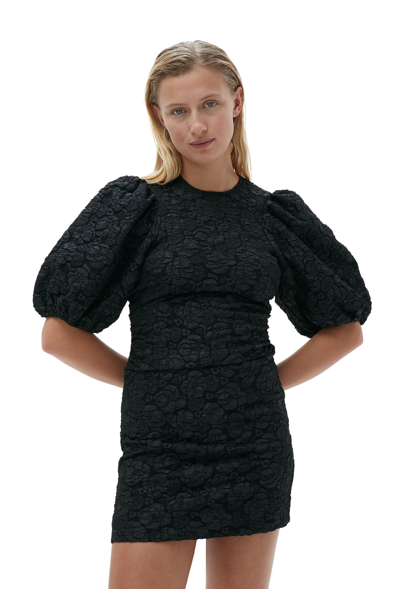 Stretch Jacquard Puff Sleeves Mini Dress, Polyester, in colour Black - 3 - GANNI