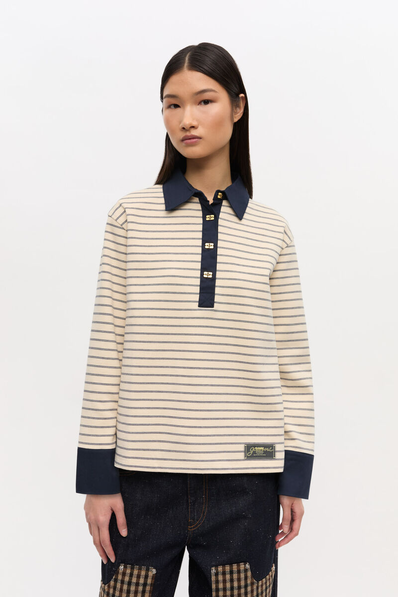 Stripete pologenser i bomull, Cotton, in colour Egret - 1 - GANNI