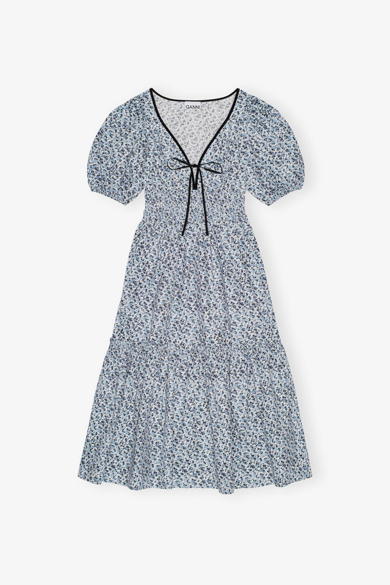 Blue Floral Printed Cotton Long Smock Dress, Organic Cotton, in colour Glacier Lake - 1 - GANNI