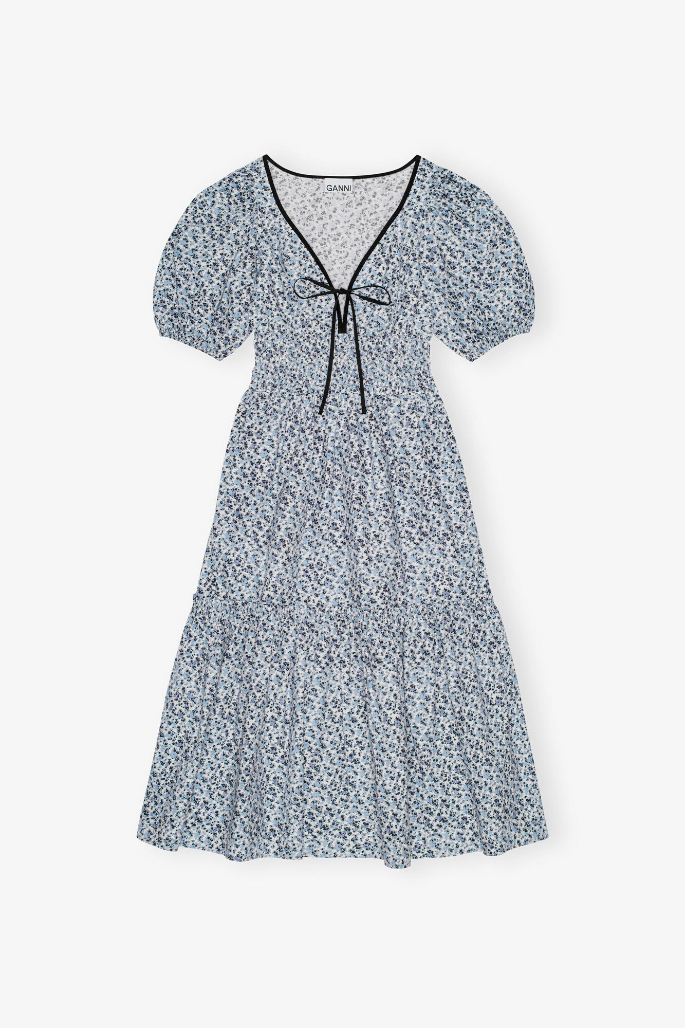 Blue Floral Printed Cotton Long Smock Dress, Organic Cotton, in colour Glacier Lake - 1 - GANNI