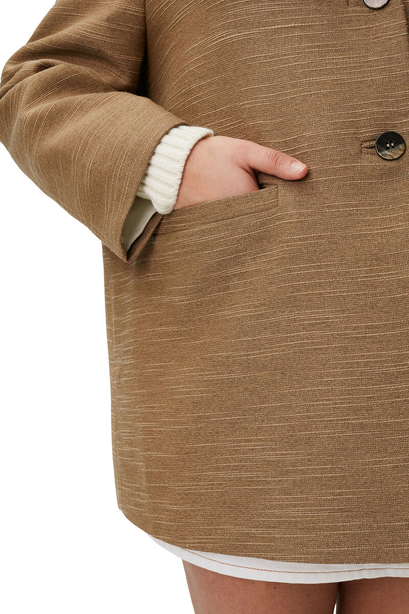 Brown Slub Linen Oversized Blazer, LENZING™ ECOVERO™, in colour Petrified Oak - 4 - GANNI
